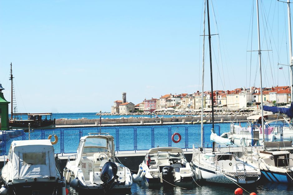 Piran Harbor Slovenia fishing boats restaurants Adriatic Sea