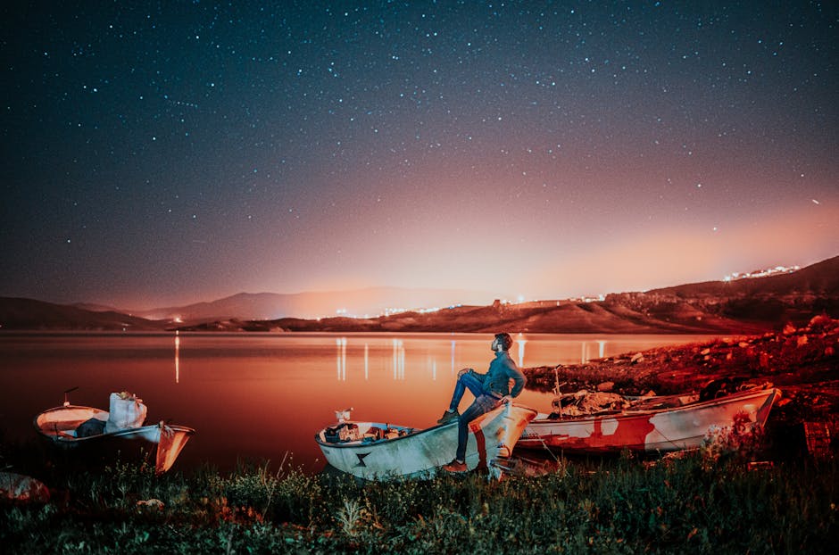 Prespa Lake Night Sky Stars Fishing Boats Calm Water