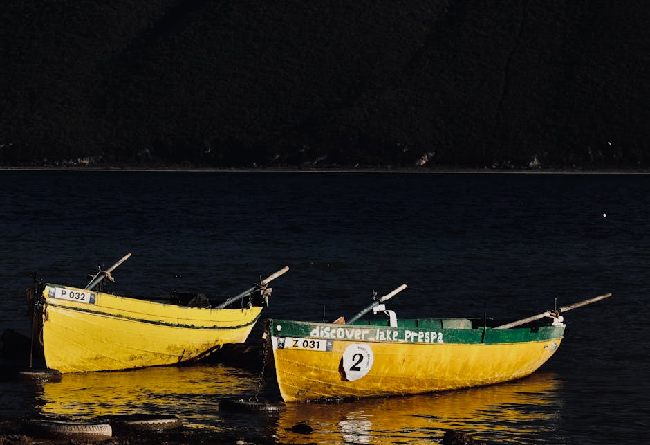 Limnionas Village Greece Prespa Lake Fishing Boats Harbor Evening