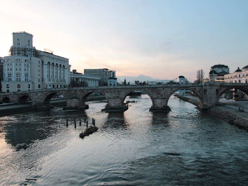 Skopje Vardar Riverfront bars nightlife evening lights