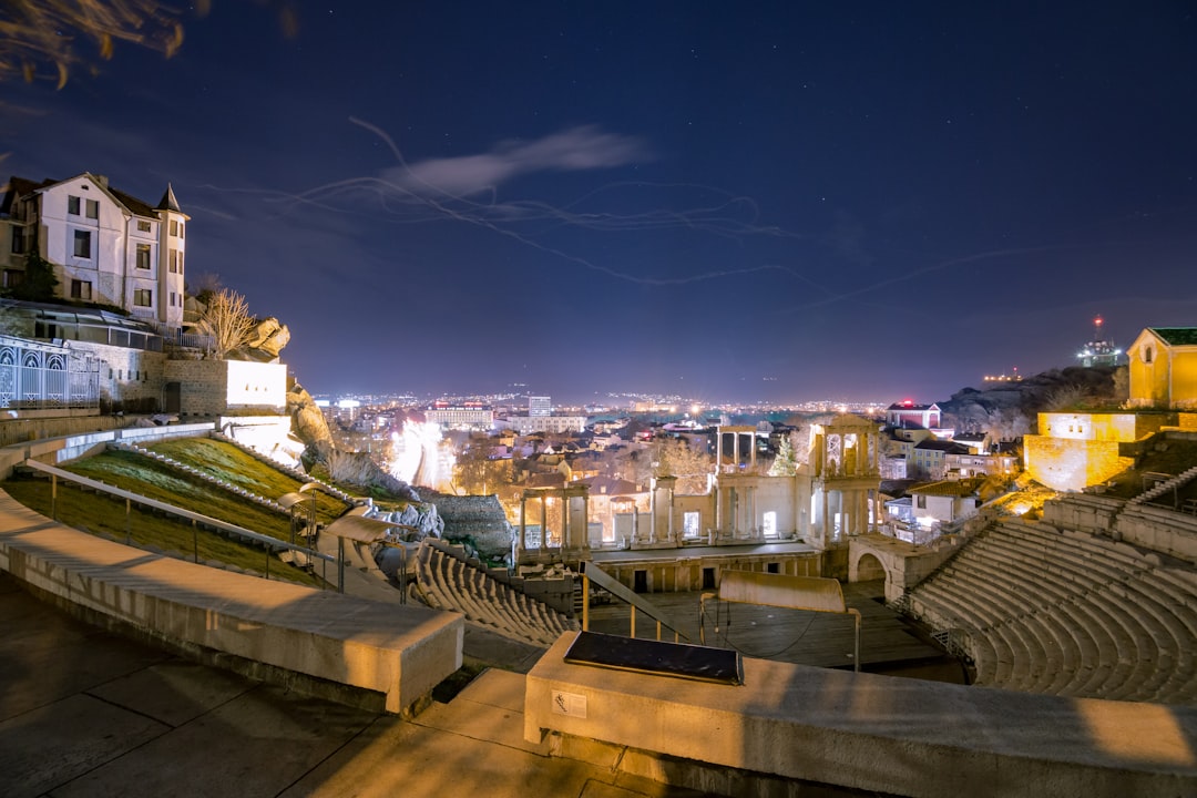 Plovdiv Roman Theatre interior ancient stone seating sunset