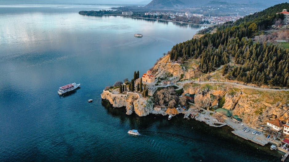 Church of St. John at Kaneo Ohrid island golden dome blue water reflection