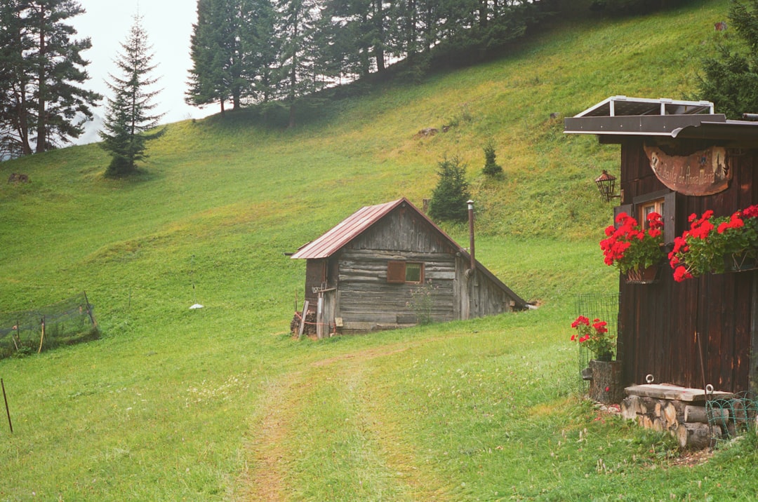 Bicycle parked outside rustic mountain hut Balkans wooden architecture